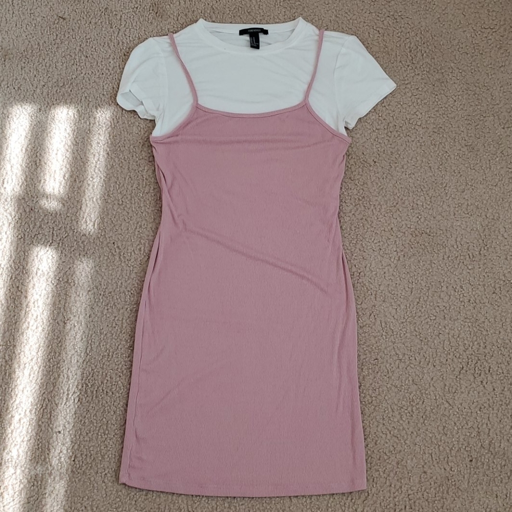 Pink spaghetti strap dress with white tshirt under